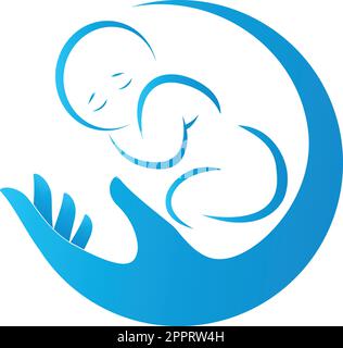 Logo per mano e bambino, bambino, bambino, ostetrica, pediatra Illustrazione Vettoriale