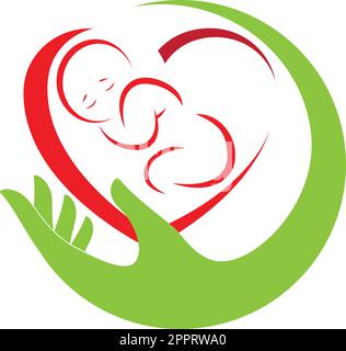Logo per mano e bambino, bambino, bambino, ostetrica, pediatra Illustrazione Vettoriale