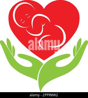 Logo per mano e bambino, bambino, bambino, ostetrica, pediatra Illustrazione Vettoriale