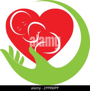 Logo per mano e bambino, bambino, bambino, ostetrica, pediatra Illustrazione Vettoriale