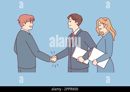 Sorridente businesspeople handshake concludere affare Illustrazione Vettoriale