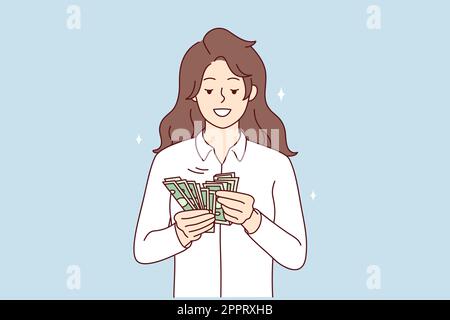 Donna sorridente che conta banconote di denaro Illustrazione Vettoriale