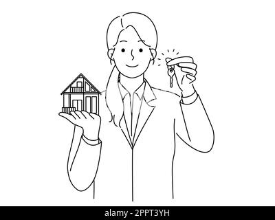 Sorridente realtor tenere casa miniatura e chiave Illustrazione Vettoriale