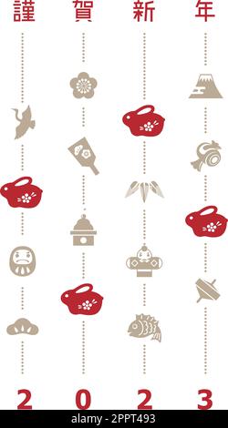 La carta di Capodanno delle bambole appese di conigli e dei ciondoli fortunati per l'anno 2023 Illustrazione Vettoriale