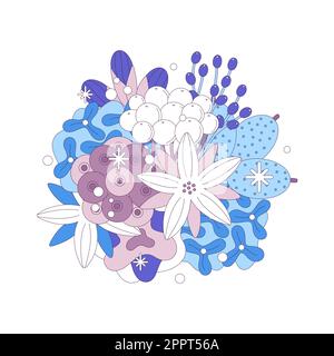 Bouquet innevato invernale isolato su sfondo bianco. Composizione floreale. Fiori con neve. Design elegante per copertine per notebook, poster, stampe di abbigliamento, biglietti d'auguri e inviti a matrimoni. Illustrazione Vettoriale