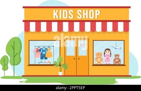 Kids Shop Building Template disegnata a mano Cartoon Flat Style Illustrazione con attrezzature per bambini come vestiti o giocattoli per il concetto di shopping Illustrazione Vettoriale