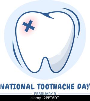 Giornata nazionale del mal di denti il 9 febbraio con denti per igiene dentale in modo da non causare dolore in Cartoon piano modelli disegnati a mano Illustrazione Illustrazione Vettoriale