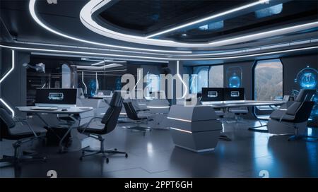 Uno spazio ufficio moderno con un grande tavolo lucido al centro, circondato da eleganti sedie contemporanee Foto Stock