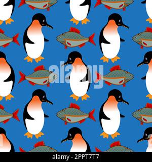 Pesca modello senza giunture. Pinguino con sfondo di pesce fresco. Paesaggio invernale sullo sfondo. Divertente struttura polare invernale. Illustrazione Vettoriale