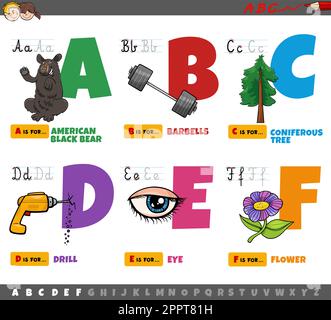 Lettere alfabetiche di cartoni animati per bambini dalla A alla F. Illustrazione Vettoriale