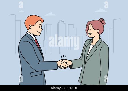 Sorridente businesspeople handshake concludere affare Illustrazione Vettoriale