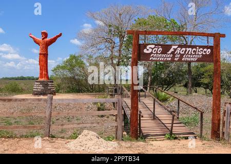Statua di San Francisco, patrono dell'ecologia lungo la strada Transpantaneira, Nord Pantanal, Mato Grosso, Brasile Foto Stock