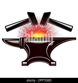 Icona Anvil e Hammer con Flash rosso punteggiato su sfondo bianco. Logo industriale. Illustrazione Vettoriale