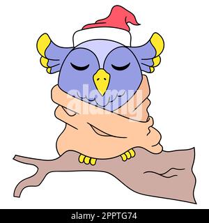 gufi dormire su rametti asciutti coperti da spesse coperte, doodle icona immagine Illustrazione Vettoriale