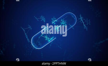 Capsule in pillole poligonali trasparenti astratte su sfondo blu. I legami chimici del plexus esplodono dalla capsula. Foto Stock