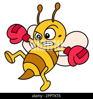 emoticon bee indossando guanti da boxe praticando calci mentre si vola, doodle icona immagine kawaii Illustrazione Vettoriale