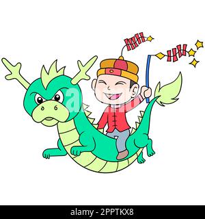 Cinese Lunar Capodanno celebrazione a cavallo di un drago volante, doodle icona immagine kawaii Illustrazione Vettoriale