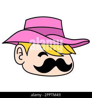 emoticon di un uomo in un cappello da cowboy, un volto amichevole, uno spessore baffi, doodle icona immagine kawaii Illustrazione Vettoriale