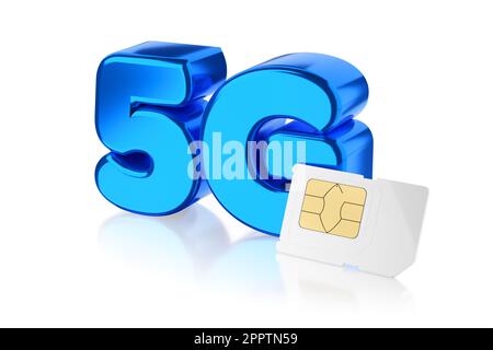 Logo, simbolo, icona e scheda SIM della tecnologia di comunicazione wireless 5G blu metallizzata e isolata in bianco. illustrazione del rendering 3d. Foto Stock