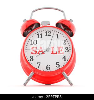 Sveglia rossa con testo sale isolato su sfondo bianco. Concept Black Friday, tempi di vendita. Illustrazione del rendering 3D. Foto Stock