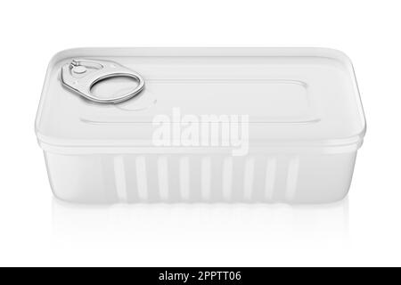 Lattina rettangolare per sardine isolate su sfondo bianco. Illustrazione del rendering 3D. Foto Stock