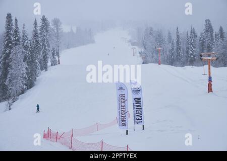 Iogach, Russia - 10 marzo 2018: Stazione sciistica invernale Teletsky Altai vicino a Iogach. Ascensore sul monte e sullo sfondo della foresta sotto le nevicate. Il poll Foto Stock