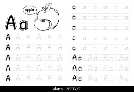ABC Alphabets Tracing Book Interior per bambini. Bambini scrivere foglio di lavoro con immagine. Elementi vettoriali premium lettera A. Illustrazione Vettoriale