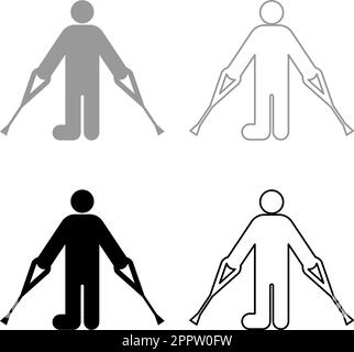 Uomo con la gamba rotta crutch canna gesso bastone piede con bastoni persona crutches trauma concetto set icona grigio nero colore vettore illustrazione immagine riempimento solido contorno linea sottile piatto stile Illustrazione Vettoriale