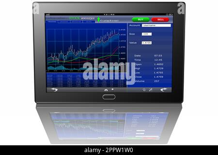 Illustrazione 3D. Tablet con grafico finanziario. Software, banca di investimento in linea. Foto Stock