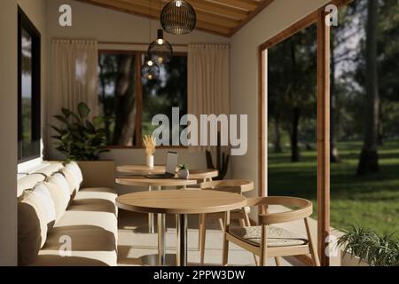 Design interno del caffè bello, minimalista e accogliente con tavolo in legno, comodo divano, grande finestra con splendida vista sulla natura, pendenti e decorazioni. 3d Foto Stock