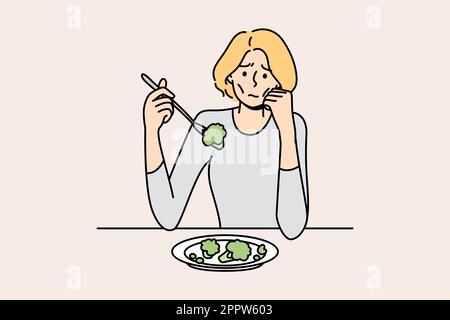Donna anoressica lotta mangiare cibo Illustrazione Vettoriale