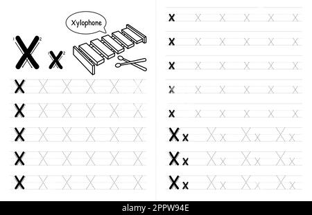 ABC Alphabets Tracing Book Interior per bambini. Bambini scrivere foglio di lavoro con immagine. Elementi vettoriali premium lettera X. Illustrazione Vettoriale