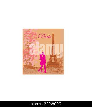 Coppia romantica a Parigi kissing vicino alla Torre Eiffel Illustrazione Vettoriale
