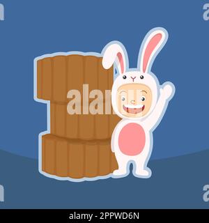 cute capretto in costume di coniglio e torta di luna Illustrazione Vettoriale