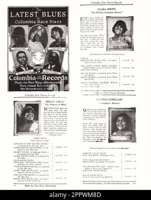 Una pagina di un catalogo di registrazione di corsa della Columbia Records 1927 che presenta l'opera registrata delle stelle cantanti afro-americane. Foto Stock