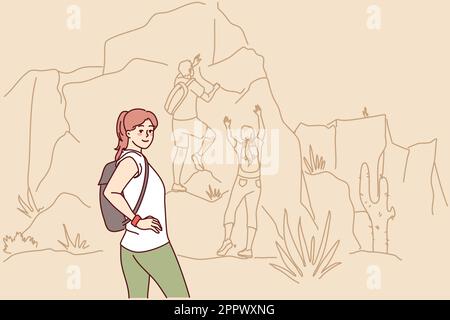 Felice donna escursioni in montagna Illustrazione Vettoriale