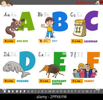 Lettere alfabetiche di cartoni animati per bambini dalla A alla F. Illustrazione Vettoriale