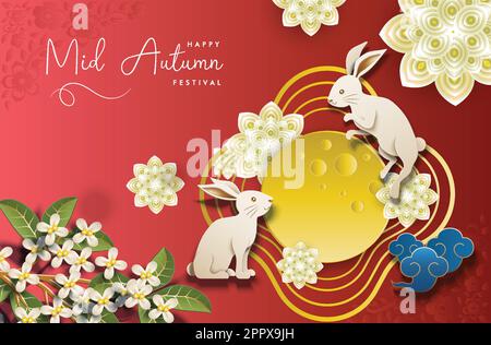 Biglietto d'auguri cinese per la festa di metà autunno con luna, coniglio e fiori Illustrazione Vettoriale