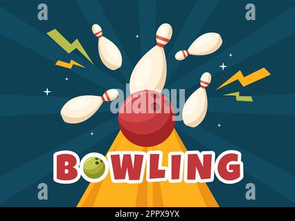 Gioco di bowling disegno a mano Cartoon Flat background Illustrazione con pin, palline e tabelloni in un club sportivo o un concorso di attività Illustrazione Vettoriale