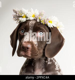 ritratto di un carino, giovane cane puntatore inglese con fiori sulla testa Foto Stock
