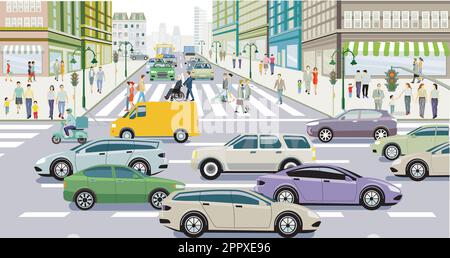 Silhouette cittadina con traffico stradale e persone sul cross swalk illustrazione Illustrazione Vettoriale