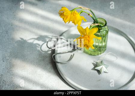 Dall'alto piano in cemento monocromatico con fiori di daffodil sullo sfondo grigio cemento Foto Stock