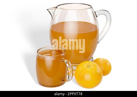 Bicchiere e caraffa di succo d'arancia isolato su sfondo bianco dettagli di alta qualità - rendering 3D Foto Stock