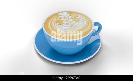 Bevanda calda caffè Cappuccino Rosetta latte Art in tazza ceramica blu isolato su sfondo bianco - rendering 3D Foto Stock