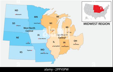 Mappa vettoriale amministrativa della regione del censimento degli Stati Uniti Midwest Illustrazione Vettoriale