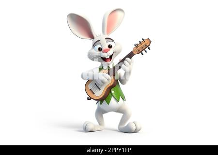 Coniglio o lepre suonare la chitarra e sorridere con spazio copia su uno sfondo bianco isolato Foto Stock