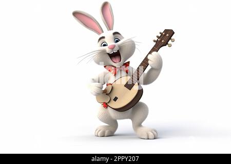 Coniglio o lepre giocare banjo e sorridere con spazio copia su uno sfondo bianco isolato Foto Stock