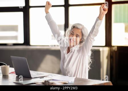 Una donna d'affari che scuote le nebbie al notebook celebrando il successo aziendale in Offce Foto Stock