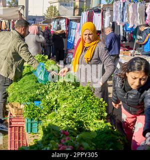 Sousse, Tunisia, 15 gennaio 2023: Stallo del mercato con una ragazza giovane e una donna anziana che vende erbe come aneto, menta piperita, prezzemolo e ravanelli Foto Stock