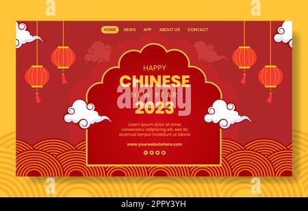 Happy Chinese New Year Social Media Landing Page Template Hand Drawn Cartoon Flat Illustration Illustrazione Vettoriale